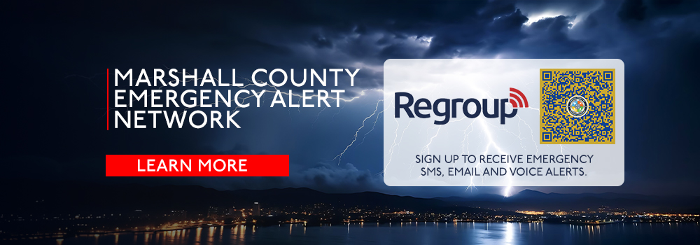 Header imaged titled "Marshall County Emergency Alert Network" followed by a "Learn More" button on the left side and on the right side the Regroup logo and QR Code to sign up to receive emergency SMS, email and voice alerts on a stormy sky background